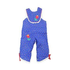 Vintage Size 18 Months 70s By Thomas Overalls Romper Blue Snap Lace Embroidered
